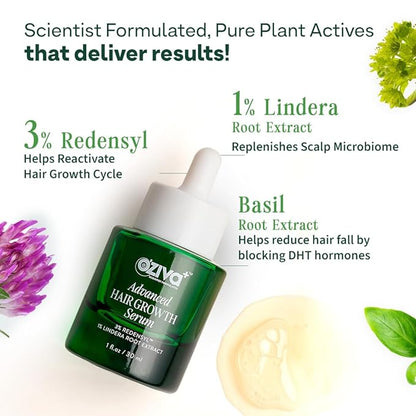 OZiva+ Advanced Hair Growth Serum with 3% Redensyl & 1% Lindera Root Extract | Balances Scalp Microbiome & Activates Hair Growth | Scientist Formulated with Pure Plant Actives | No side effects | 30ml