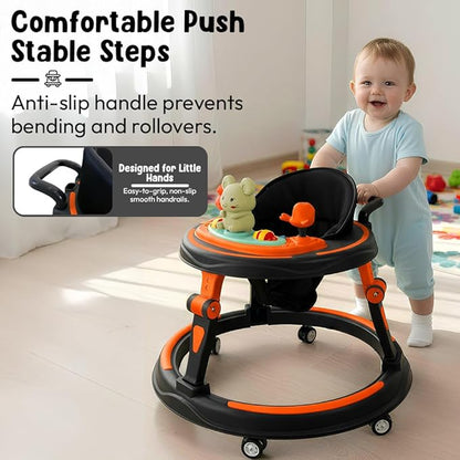 Baby Walkers for 6-18 Month Baby boy 360° Walker for Kids for 6 to 18 Months with RGB Light, 7 Level Height Adjustment, Baby Walker with Switchable Food & Musical Toy Tray -Orange Black