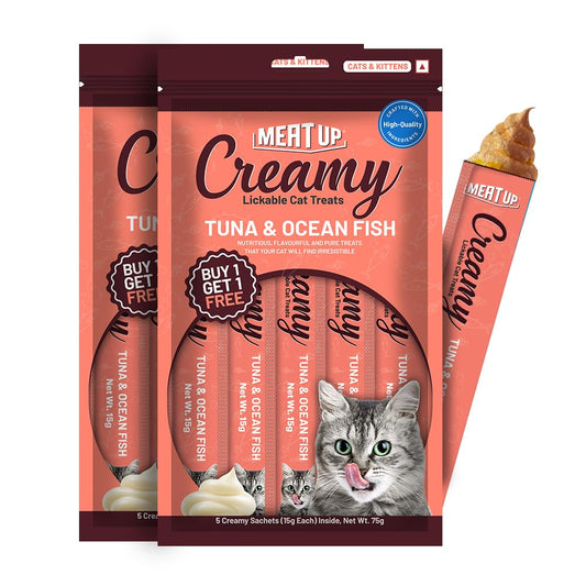 Creamy Likable Cat Treat (15g x 5 Sachets) 75g + 75g Total 150g | Tuna & Ocean Fish | All Breeds | Taurine for Heart | Supports Skin, Coat & Muscle Health