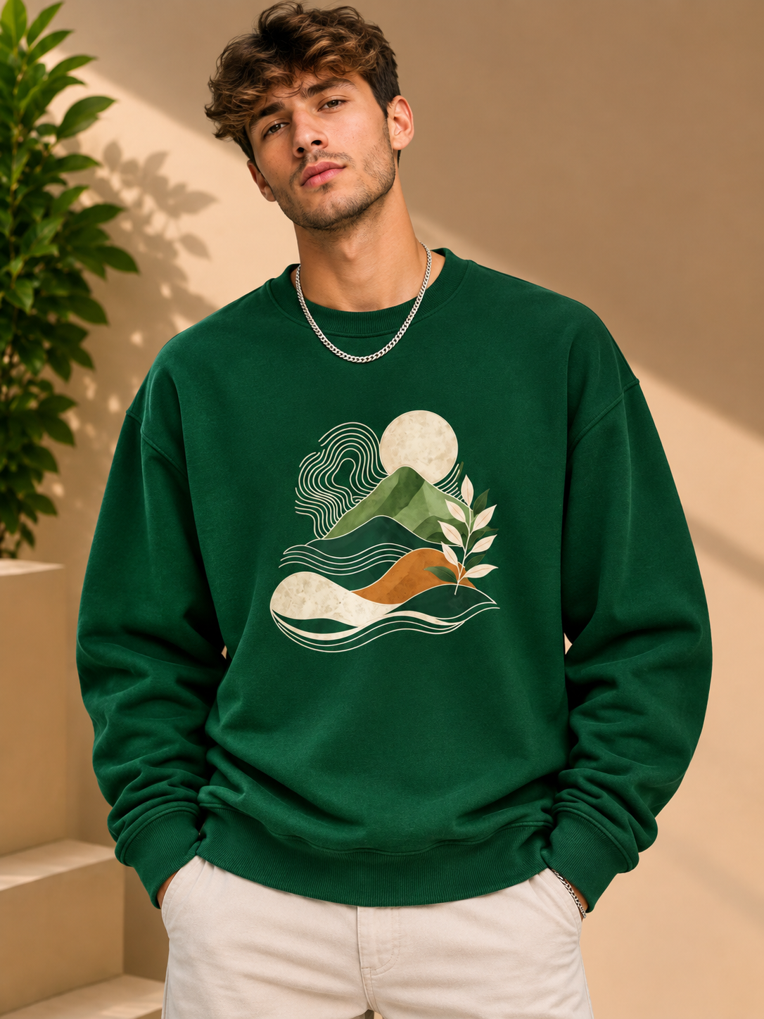 Men’s Navy Blue Nature Landscape Graphic Printed Sweatshirt – Crew Neck Casual Winter Wear