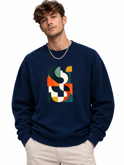 Men’s White Abstract Geometric Graphic Printed Sweatshirt – Crew Neck Casual Streetwear