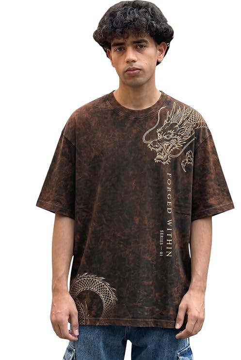 Men's Brown Acid Wash Oversized T-Shirt | Japanese Dragon Graphic Heavyweight Cotton Streetwear Tee