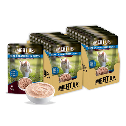 Adult Cat Wet Food 400g + 400g (50g x 8) | Real Ocean Fish in Gravy | Supports Heart & Vision | Strong Bones & Teeth | Natural Flavors | Organic Minerals