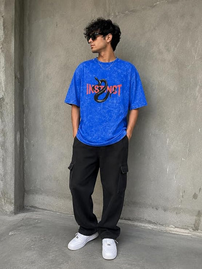 Men's Blue Acid Wash Vintage Oversized T-Shirt | Snake & Instinct Graphic Heavyweight Cotton Streetwear Tee