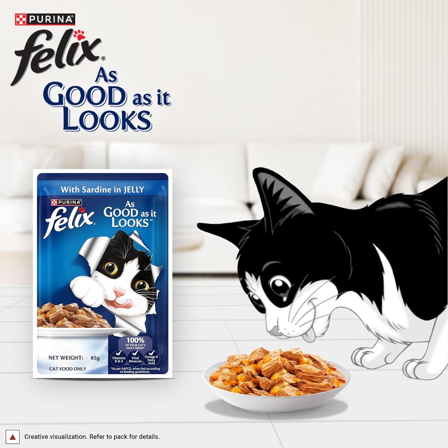 Felix with Sardine in Jelly | Wet Food for Adults | Complete and Balanced Cat Food, Pack of 12 Pouches (12 x 85 g)