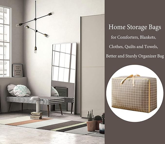 Fabric Extra Large Oversized Handy Storage Bag Laundry Bags Quilt Beddings Blanket 105 Litre - Khaki Check, 50 Cm,30Cm,White