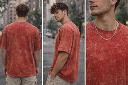 Men's Red Acid Wash Vintage Plain Oversized T-Shirt | Heavyweight Cotton Blank Streetwear Tee