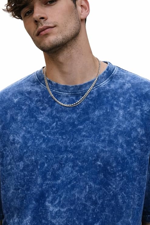 Men's Blue Acid Wash Vintage Plain Oversized T-Shirt | Heavyweight Cotton Blank Streetwear Tee