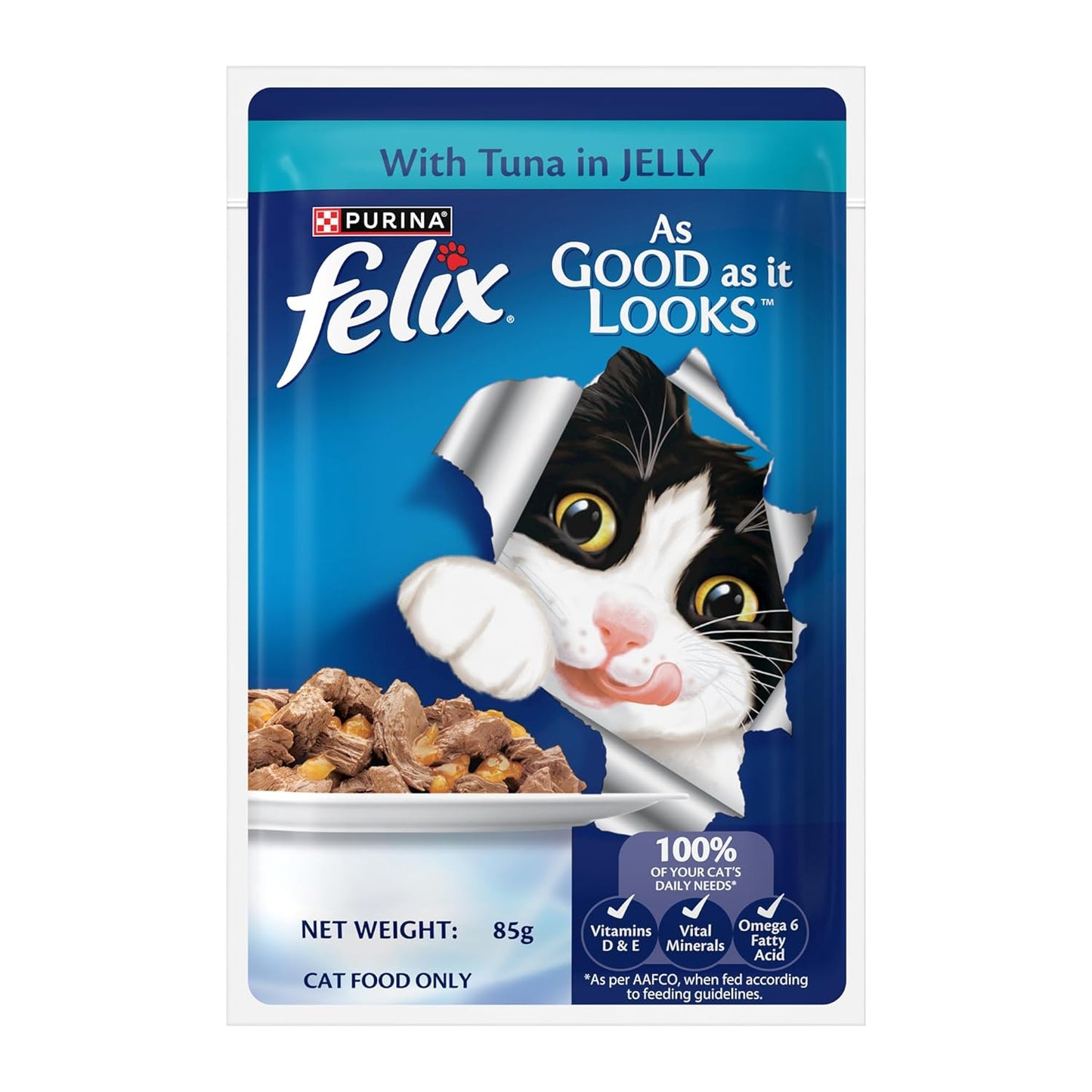 Felix with Tuna in Jelly | Wet Food for Adults | Complete and Balanced Cat Food, Pack of 12 Pouches (12 x 85 g)