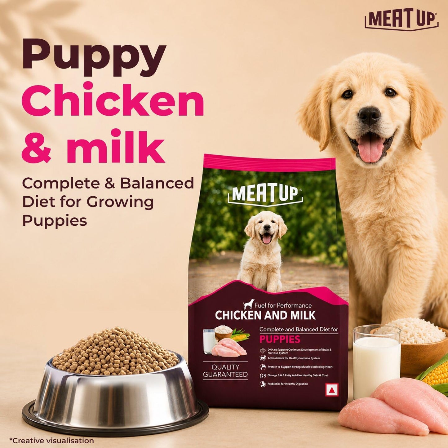 Puppy Dry Dog Food 6kg (3kg + 3kg Free) | Chicken & Milk Flavour | Supports Brain & Nervous System Development | Maintains Digestive Health | Enriched with Vitamins & Minerals