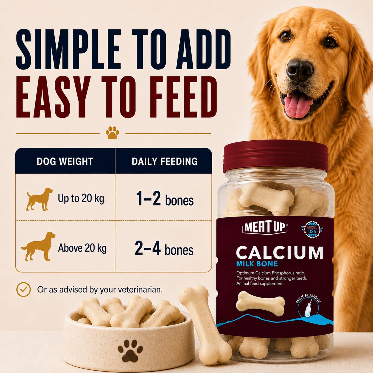Calcium Bone Supplement Dog Treats (240g + 240g) 480g | Pack of 30 Pieces | Supports Strong Gums & Jaws | Helps Maintain Clean Teeth | 100% Digestible & Safe