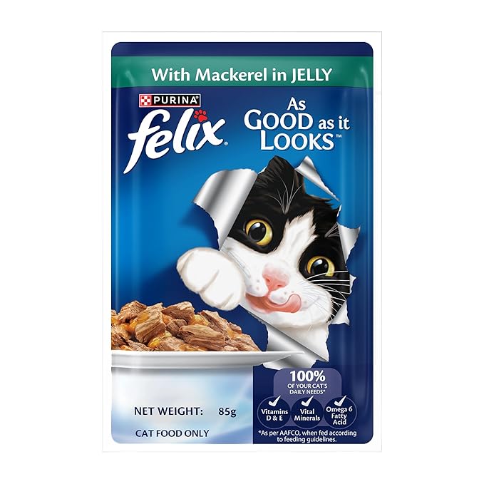 Felix with Mackerel in Jelly | Wet Food for Adults | Complete and Balanced Cat Food, Pack of 12 Pouches (12 x 85 g)