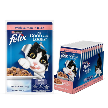 Felix with Salmon in Jelly | Wet Food for Adults | Complete and Balanced Cat Food, Pack of 12 Pouches (12 x 85 g)