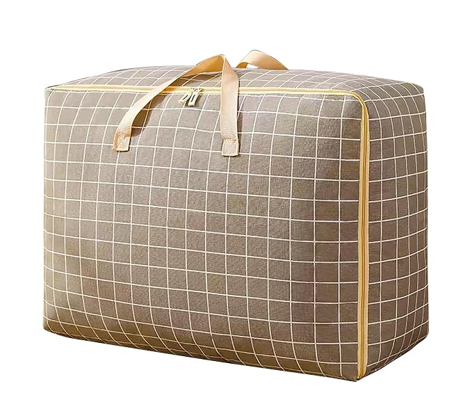 Fabric Extra Large Oversized Handy Storage Bag Laundry Bags Quilt Beddings Blanket 105 Litre - Khaki Check, 50 Cm,30Cm,White