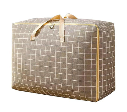Fabric Extra Large Oversized Handy Storage Bag Laundry Bags Quilt Beddings Blanket 105 Litre - Khaki Check, 50 Cm,30Cm,White