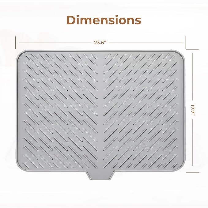 Silicone Dish Drying Mat for Kitchen - Built-in Drain Lip | Hygienic Drying Pad - Sturdy Compact Easy to Clean Tray Protects Surfaces Prevents Water Build Up - 23 X 17 Inches (Grey)