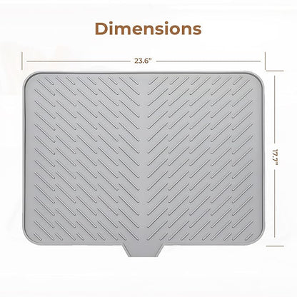 Silicone Dish Drying Mat for Kitchen - Built-in Drain Lip | Hygienic Drying Pad - Sturdy Compact Easy to Clean Tray Protects Surfaces Prevents Water Build Up - 23 X 17 Inches (Grey)
