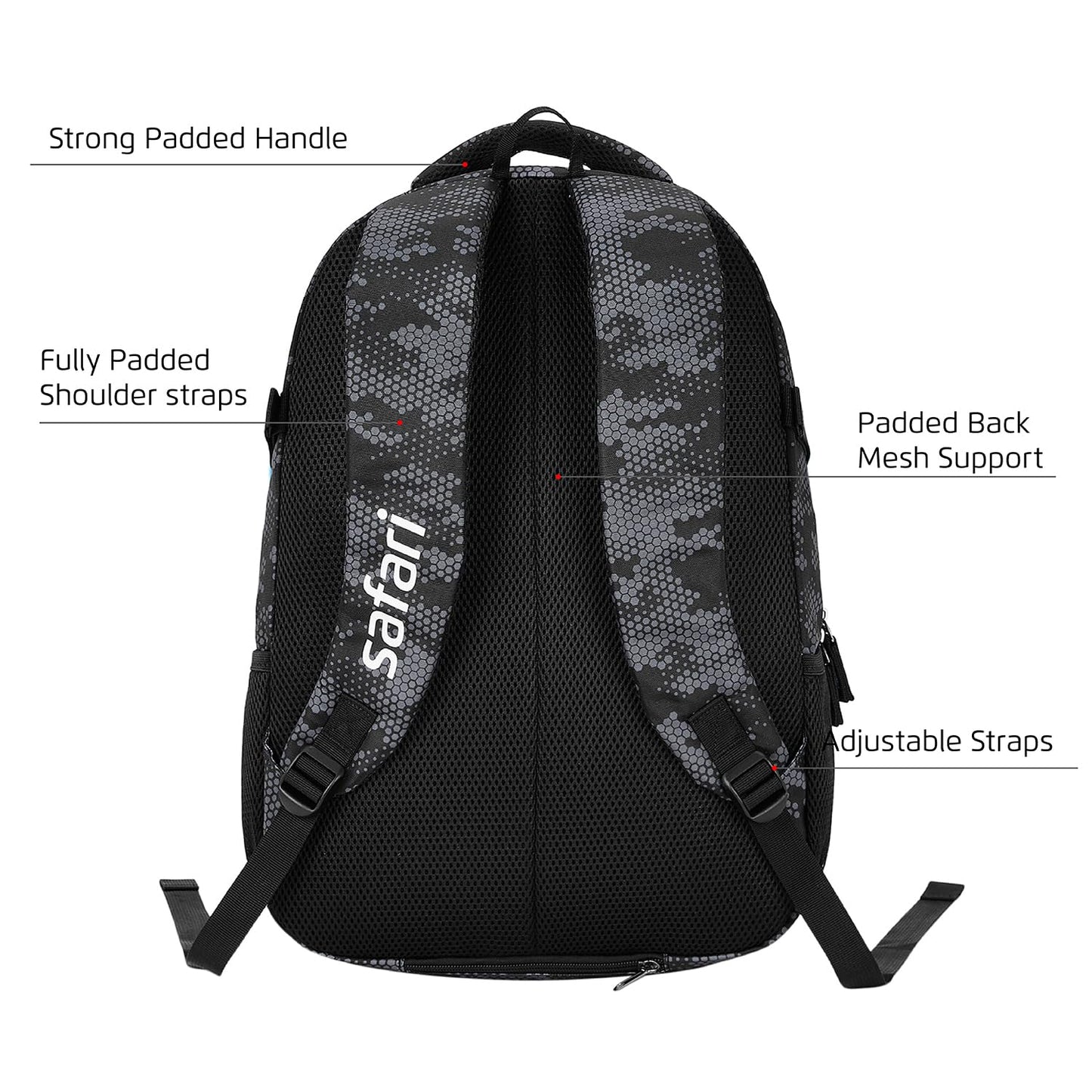 Safari Omega Plus Casual Laptop Backpack, 2 compartments, Raincover, Organizer, Full body print, Bottle holder, Front pockets Softline (Black)