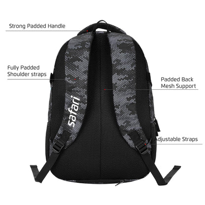 Safari Omega Plus Casual Laptop Backpack, 2 compartments, Raincover, Organizer, Full body print, Bottle holder, Front pockets Softline (Black)