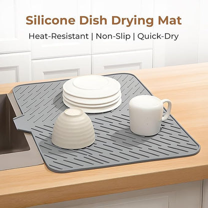 Silicone Dish Drying Mat for Kitchen - Built-in Drain Lip | Hygienic Drying Pad - Sturdy Compact Easy to Clean Tray Protects Surfaces Prevents Water Build Up - 23 X 17 Inches (Grey)