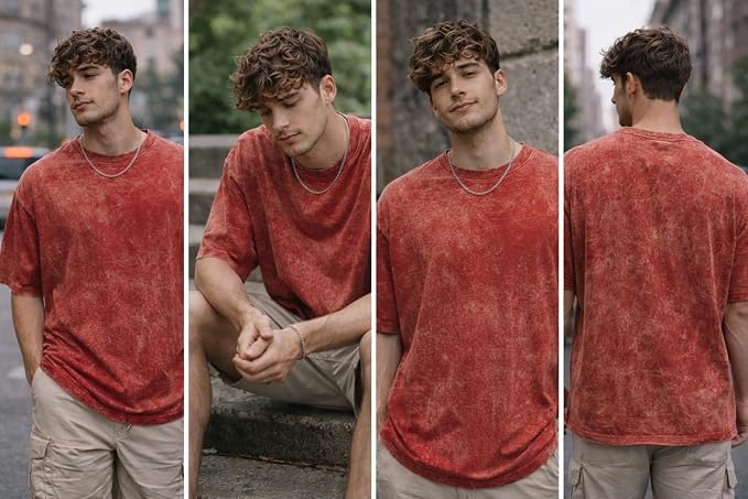 Men's Red Acid Wash Vintage Plain Oversized T-Shirt | Heavyweight Cotton Blank Streetwear Tee