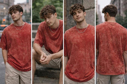 Men's Red Acid Wash Vintage Plain Oversized T-Shirt | Heavyweight Cotton Blank Streetwear Tee