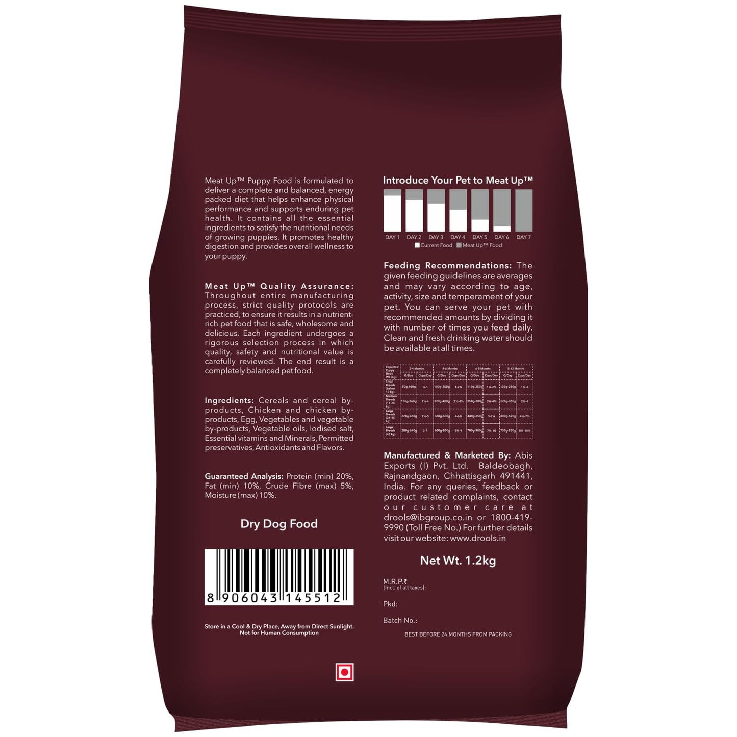 Puppy Dry Dog Food, 1.2 kg + 1.2 kg Total 2.4 kg Pack