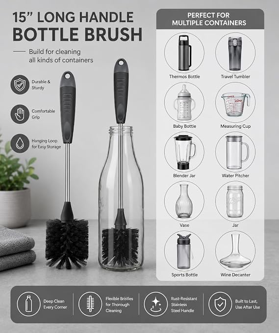 3-Piece Long Handle Bottle Cleaning Brush Set – 15" Bottle Cleaner Brushes for Water Bottles, Tumblers, Straws, Coffee Mugs, Sports Bottles, Thermos & Flask Cleaning