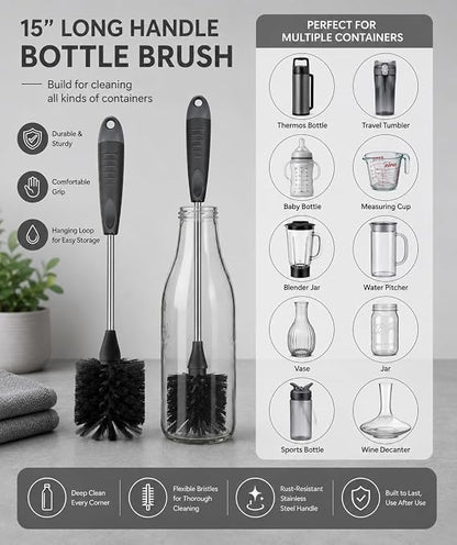 3-Piece Long Handle Bottle Cleaning Brush Set – 15" Bottle Cleaner Brushes for Water Bottles, Tumblers, Straws, Coffee Mugs, Sports Bottles, Thermos & Flask Cleaning
