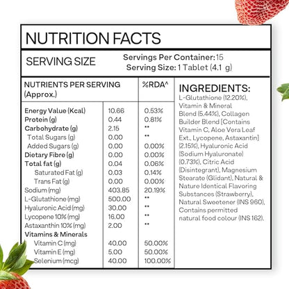 OZiva Bioactive Glutathione Tablets for Radiant Skin - 30 Effervescent Tablets (Pack of 2) | L-Glutathione, Lycopene, Vitamin C for Skin Glow & Anti-Pigmentation | Strawberry Swirl.