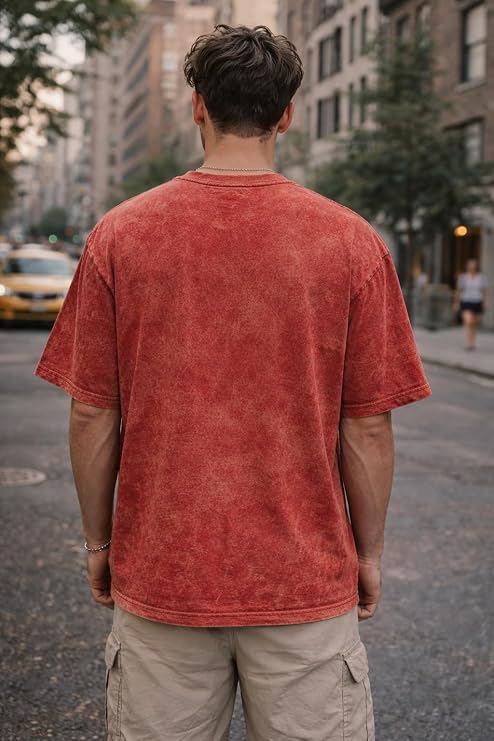 Men's Red Acid Wash Vintage Plain Oversized T-Shirt | Heavyweight Cotton Blank Streetwear Tee