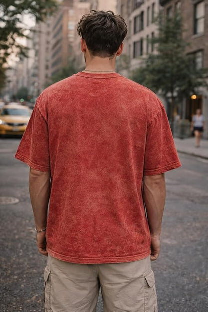 Men's Red Acid Wash Vintage Plain Oversized T-Shirt | Heavyweight Cotton Blank Streetwear Tee