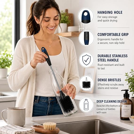 3-Piece Long Handle Bottle Cleaning Brush Set – 15" Bottle Cleaner Brushes for Water Bottles, Tumblers, Straws, Coffee Mugs, Sports Bottles, Thermos & Flask Cleaning