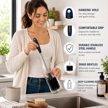 3-Piece Long Handle Bottle Cleaning Brush Set – 15" Bottle Cleaner Brushes for Water Bottles, Tumblers, Straws, Coffee Mugs, Sports Bottles, Thermos & Flask Cleaning