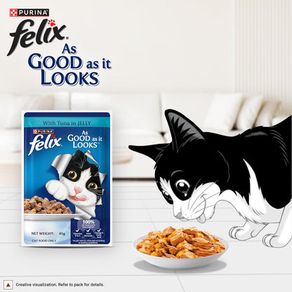 Felix with Tuna in Jelly | Wet Food for Adults | Complete and Balanced Cat Food, Pack of 12 Pouches (12 x 85 g)