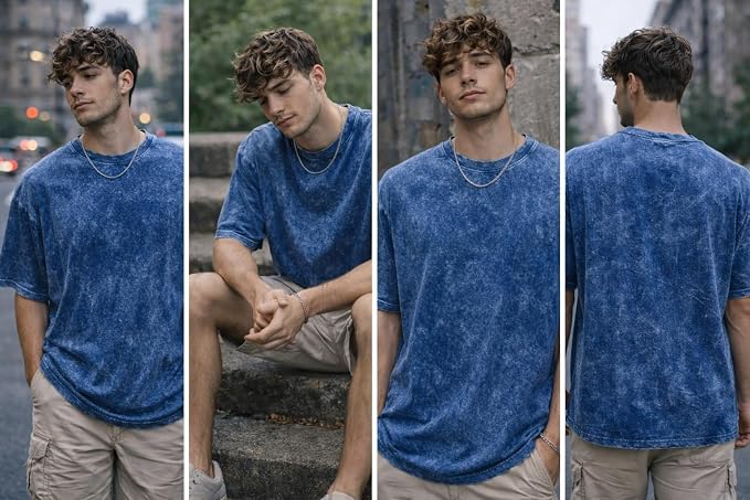 Men's Blue Acid Wash Vintage Plain Oversized T-Shirt | Heavyweight Cotton Blank Streetwear Tee