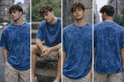 Men's Blue Acid Wash Vintage Plain Oversized T-Shirt | Heavyweight Cotton Blank Streetwear Tee