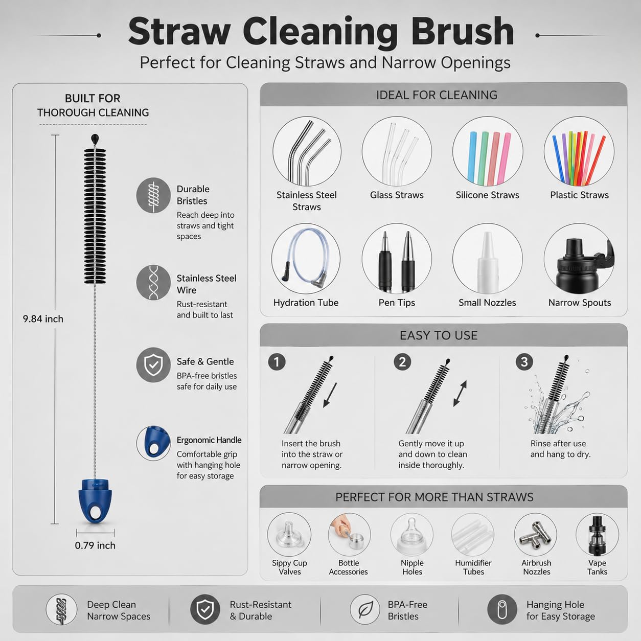 3-Piece Long Handle Bottle Cleaning Brush Set – 15" Bottle Cleaner Brushes for Water Bottles, Tumblers, Straws, Coffee Mugs, Sports Bottles, Thermos & Flask Cleaning