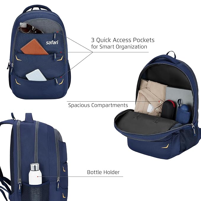 Safari Omega Pro Laptop Backpack With Raincover, 3 Compartments, Bottle Holder, Organizer, Unisex Bag For Boys & Girls, School/College/Office/Travel Bag, Color- Blue, 35L