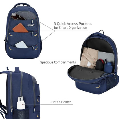 Safari Omega Pro Laptop Backpack With Raincover, 3 Compartments, Bottle Holder, Organizer, Unisex Bag For Boys & Girls, School/College/Office/Travel Bag, Color- Blue, 35L