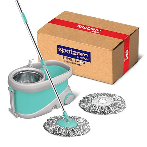 Spotzero by Milton Prime Stainless Steel Wringer Spin Mop | 360° Floor Cleaning System | 2 Microfiber Refills | Aqua Green
