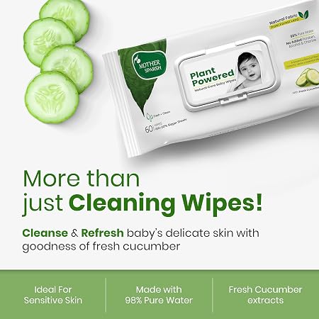Mother Sparsh Natural Care Water Baby Wipes with Lid | 100% Plant Made Fabric From Forest Land | Fresh+Cleanse (with Cucumber) Plant Powered Wet Wipes For...