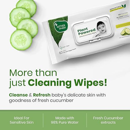 Mother Sparsh Natural Care Water Baby Wipes with Lid | 100% Plant Made Fabric From Forest Land | Fresh+Cleanse (with Cucumber) Plant Powered Wet Wipes For...