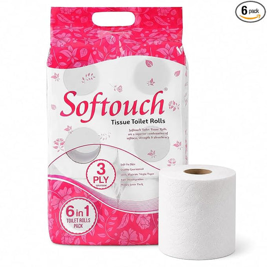 Softouch 3 Ply Toilet Tissue Roll Family Pack | 6 Rolls | 960 Pulls | Soft & Highly Absorbent | Virgin Cellulose Fiber