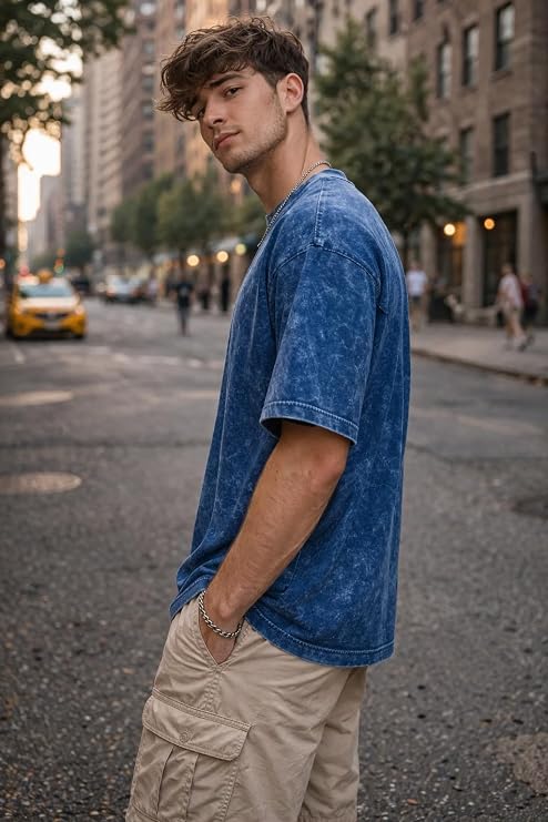 Men's Blue Acid Wash Vintage Plain Oversized T-Shirt | Heavyweight Cotton Blank Streetwear Tee