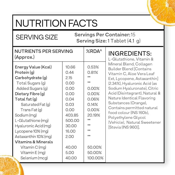 OZiva Bioactive Glutathione Tablets for Radiant Skin - 30 Effervescent Tablets (Pack of 2) | L-Glutathione, Lycopene, Vitamin C for Skin Glow & Anti-Pigmentation | Orange