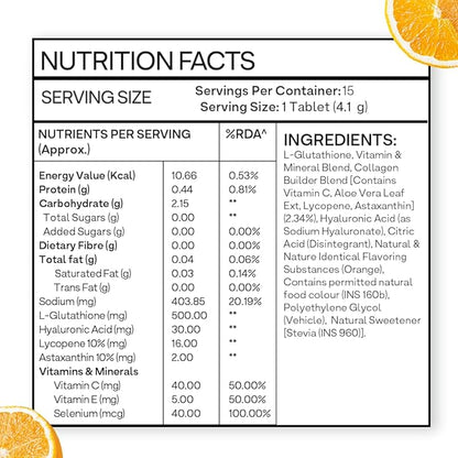 OZiva Bioactive Glutathione Tablets for Radiant Skin - 30 Effervescent Tablets (Pack of 2) | L-Glutathione, Lycopene, Vitamin C for Skin Glow & Anti-Pigmentation | Orange