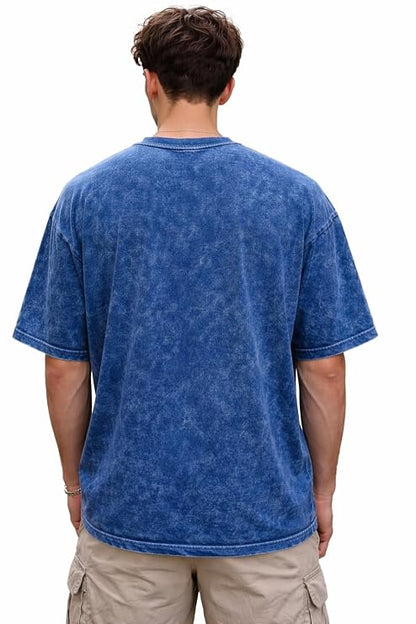 Men's Blue Acid Wash Vintage Plain Oversized T-Shirt | Heavyweight Cotton Blank Streetwear Tee