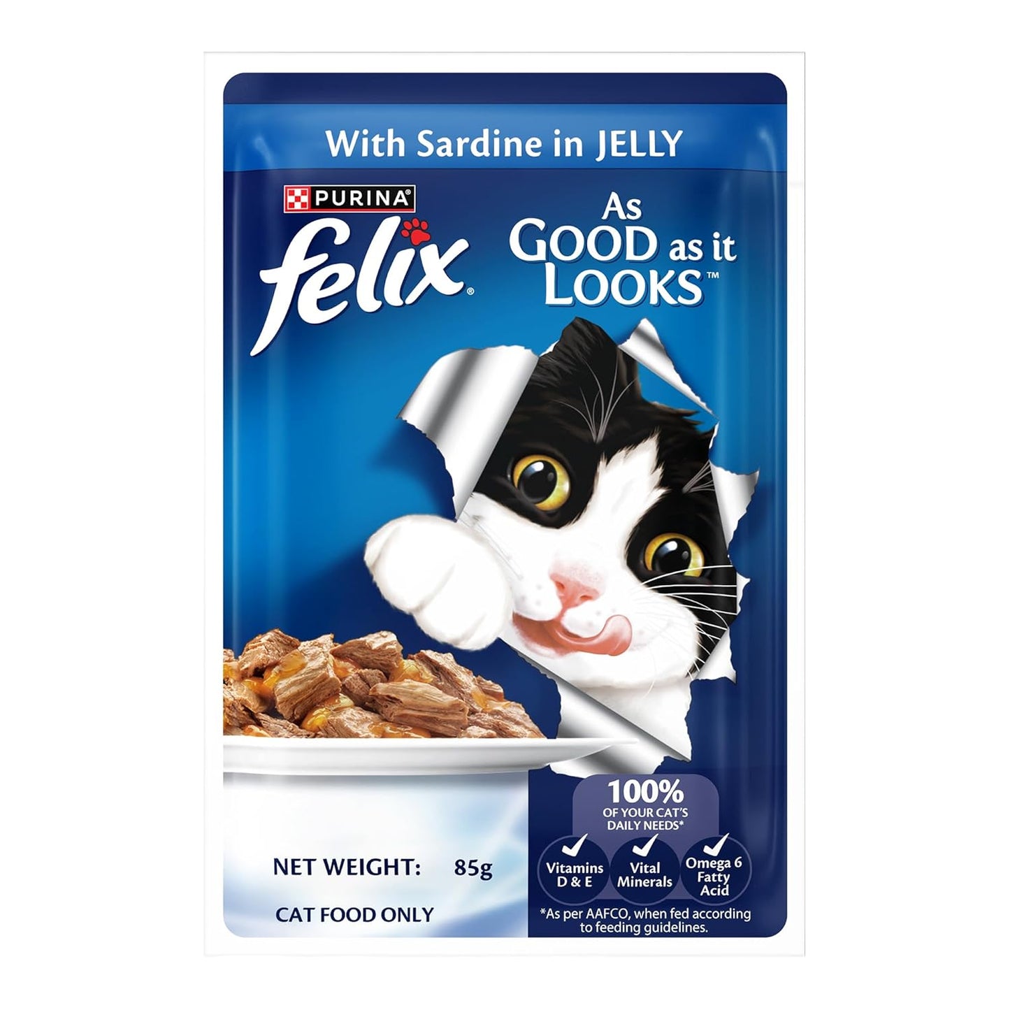 Felix with Sardine in Jelly | Wet Food for Adults | Complete and Balanced Cat Food, Pack of 12 Pouches (12 x 85 g)