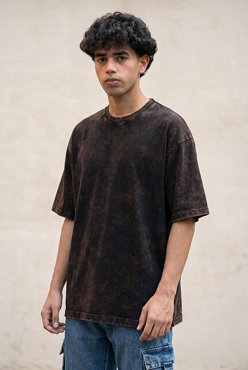 Men's Brown Acid Wash Vintage Plain Oversized T-Shirt | Heavyweight Cotton Blank Streetwear Tee